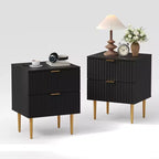 2PCS Modern Nightstand with Charging Station, 2 Drawers & Wood Fluted Design | Gold Bedside Table for Bedroom, Living Room & Home Office