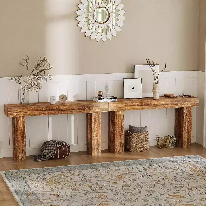 Acekool Console Longue de 63 Pouces pour Entrée, Table Etroite Derrière le Canapé, Accent Chêne Industriel Ferme, Marron
