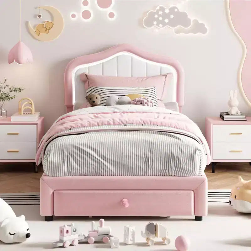 Cadre de lit double rembourré avec tiroir de rangement, tête de lit moelleuse style princesse, rose et blanc