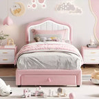 Cadre de lit double rembourré avec tiroir de rangement, tête de lit moelleuse style princesse, rose et blanc