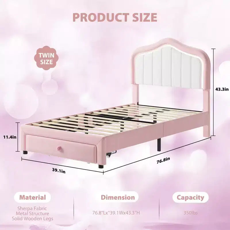 Cadre de lit double rembourré avec tiroir de rangement, tête de lit moelleuse style princesse, rose et blanc