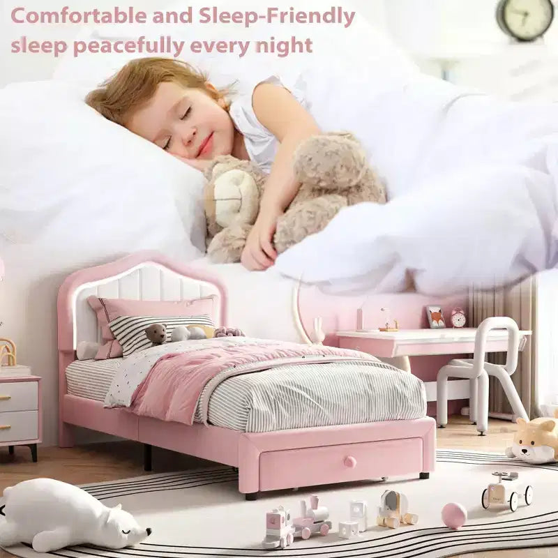 Cadre de lit double rembourré avec tiroir de rangement, tête de lit moelleuse style princesse, rose et blanc