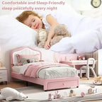 Cadre de lit double rembourré avec tiroir de rangement, tête de lit moelleuse style princesse, rose et blanc