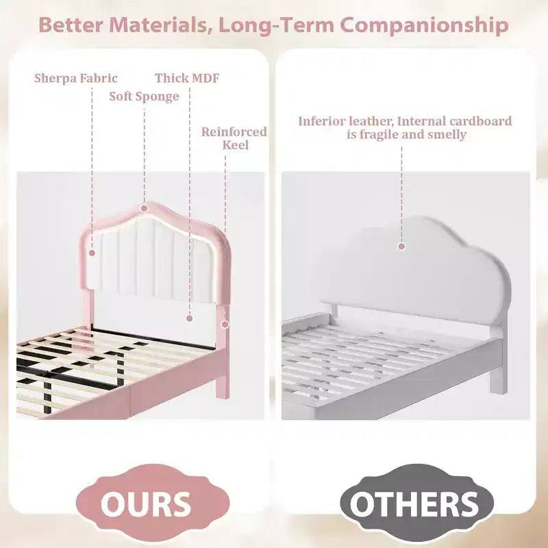 Cadre de lit double rembourré avec tiroir de rangement, tête de lit moelleuse style princesse, rose et blanc