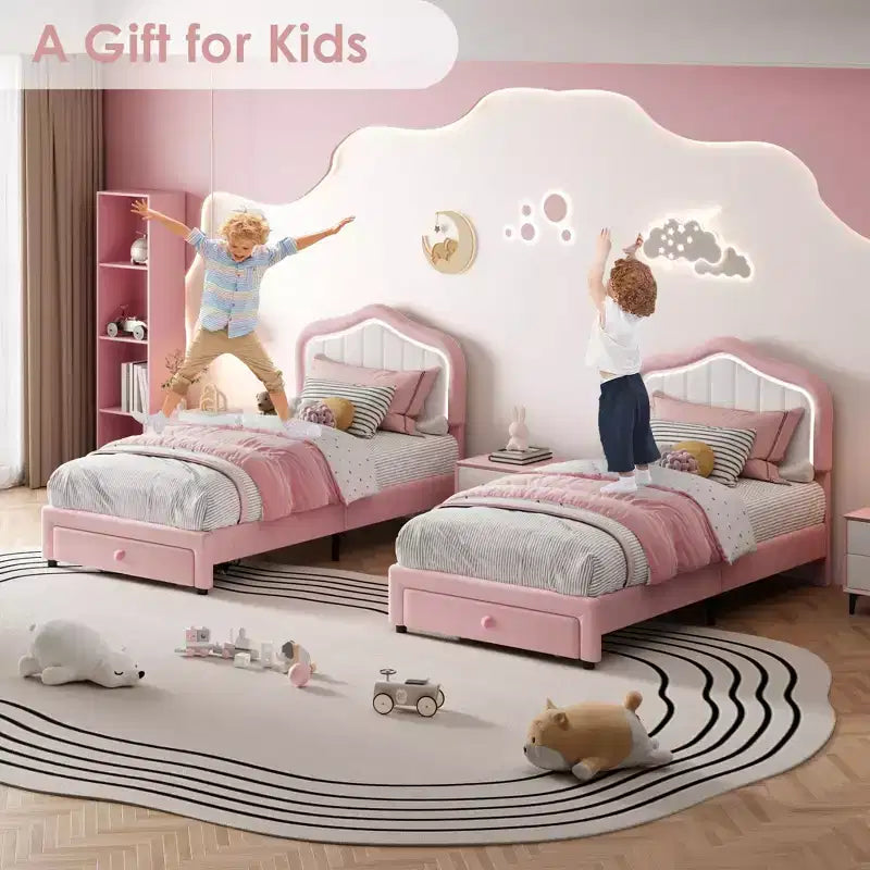 Cadre de lit double rembourré avec tiroir de rangement, tête de lit moelleuse style princesse, rose et blanc