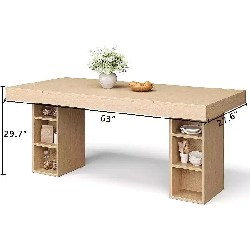 Table à manger rectangulaire en bois, 6 à 8 places, grand rangement et double piédestal, plateau en chêne robuste, idéale pour la cuisine et la salle à manger