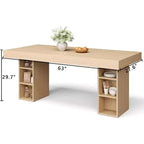 Table à manger rectangulaire en bois, 6 à 8 places, grand rangement et double piédestal, plateau en chêne robuste, idéale pour la cuisine et la salle à manger