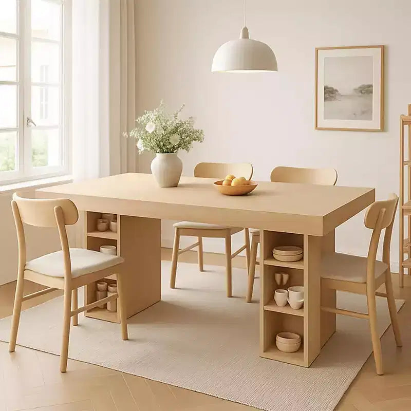 Table à manger rectangulaire en bois, 6 à 8 places, grand rangement et double piédestal, plateau en chêne robuste, idéale pour la cuisine et la salle à manger