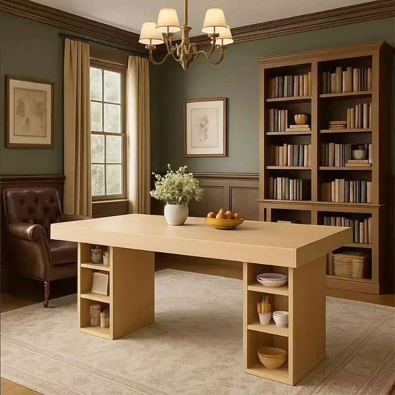 Table à manger rectangulaire en bois, 6 à 8 places, grand rangement et double piédestal, plateau en chêne robuste, idéale pour la cuisine et la salle à manger