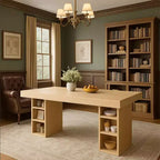 Table à manger rectangulaire en bois, 6 à 8 places, grand rangement et double piédestal, plateau en chêne robuste, idéale pour la cuisine et la salle à manger