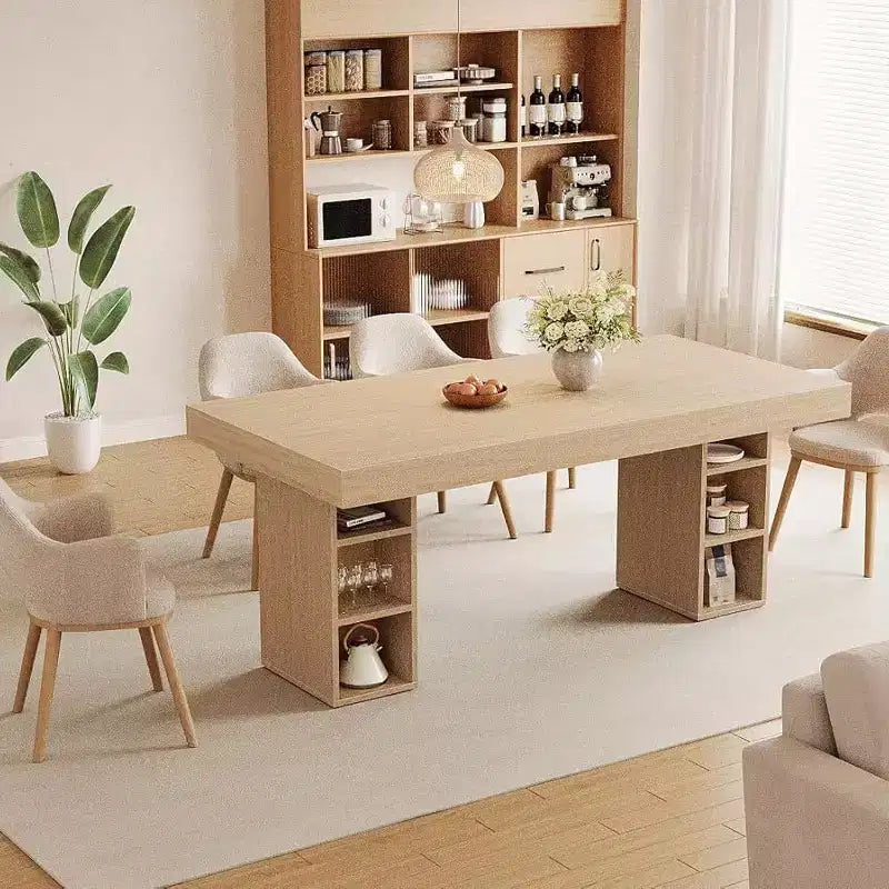 Table à manger rectangulaire en bois, 6 à 8 places, grand rangement et double piédestal, plateau en chêne robuste, idéale pour la cuisine et la salle à manger
