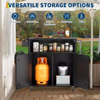 Chariot de cuisine extérieur robuste noir GustoWave avec roulettes et rangement - Table de préparation BBQ à 2 niveaux pour terrasse