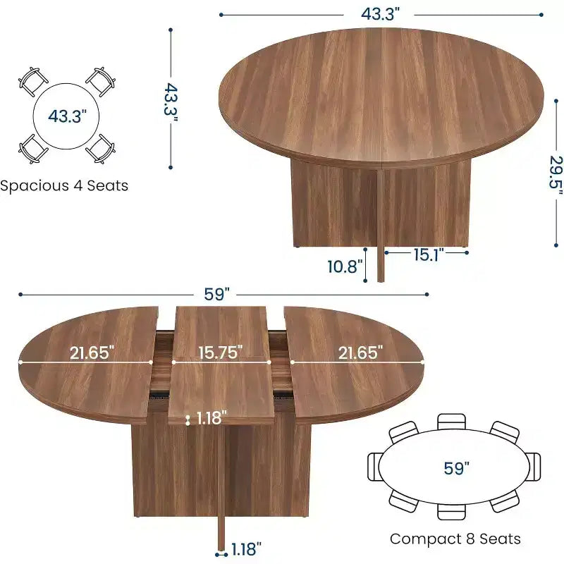 Table à manger ronde extensible COZONY, design ovale moderne avec rallonges amovibles pour 4 à 8 personnes, cuisine, salle à manger, salon