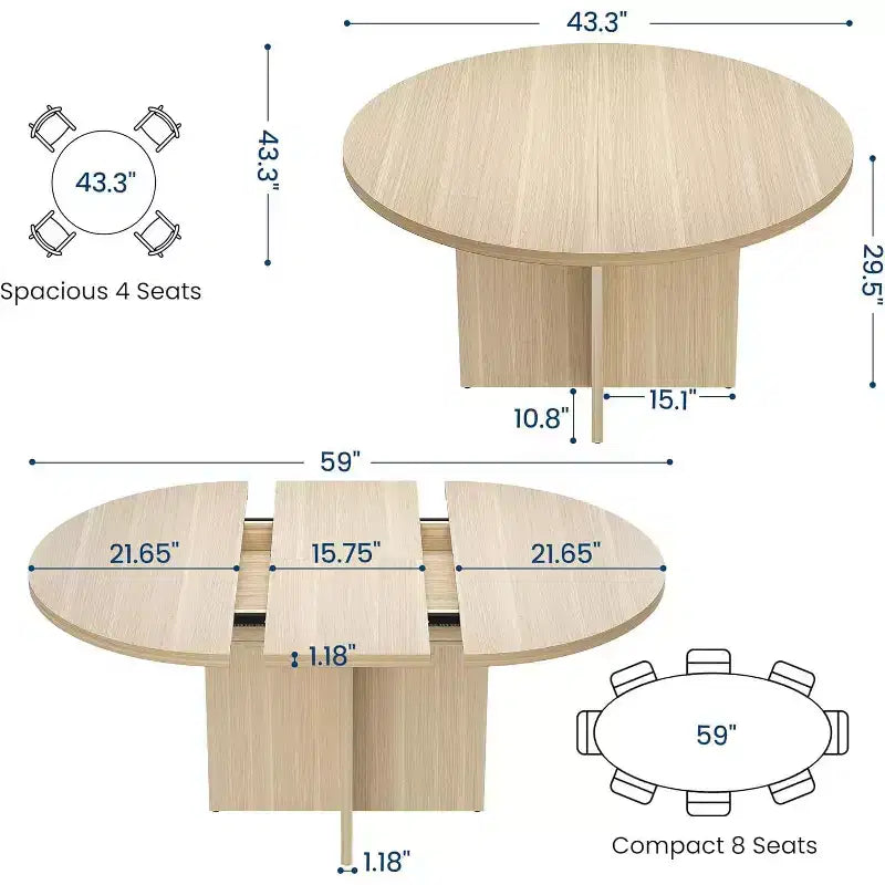 Table à manger ronde extensible COZONY, design ovale moderne avec rallonges amovibles pour 4 à 8 personnes, cuisine, salle à manger, salon