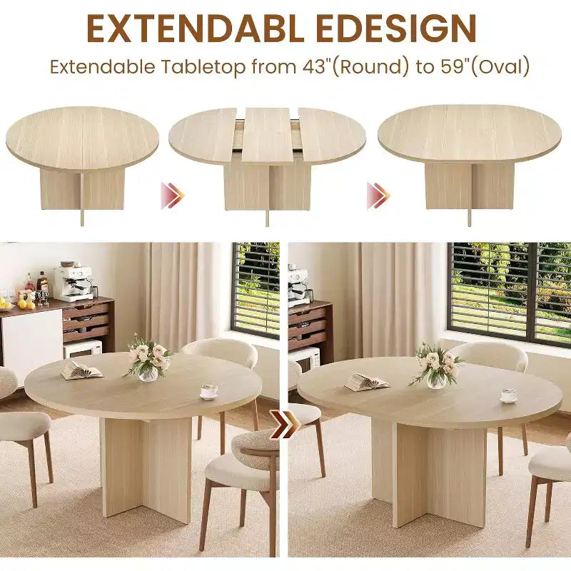 Table à manger ronde extensible COZONY, design ovale moderne avec rallonges amovibles pour 4 à 8 personnes, cuisine, salle à manger, salon