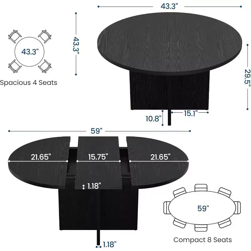Table à manger ronde extensible COZONY, design ovale moderne avec rallonges amovibles pour 4 à 8 personnes, cuisine, salle à manger, salon
