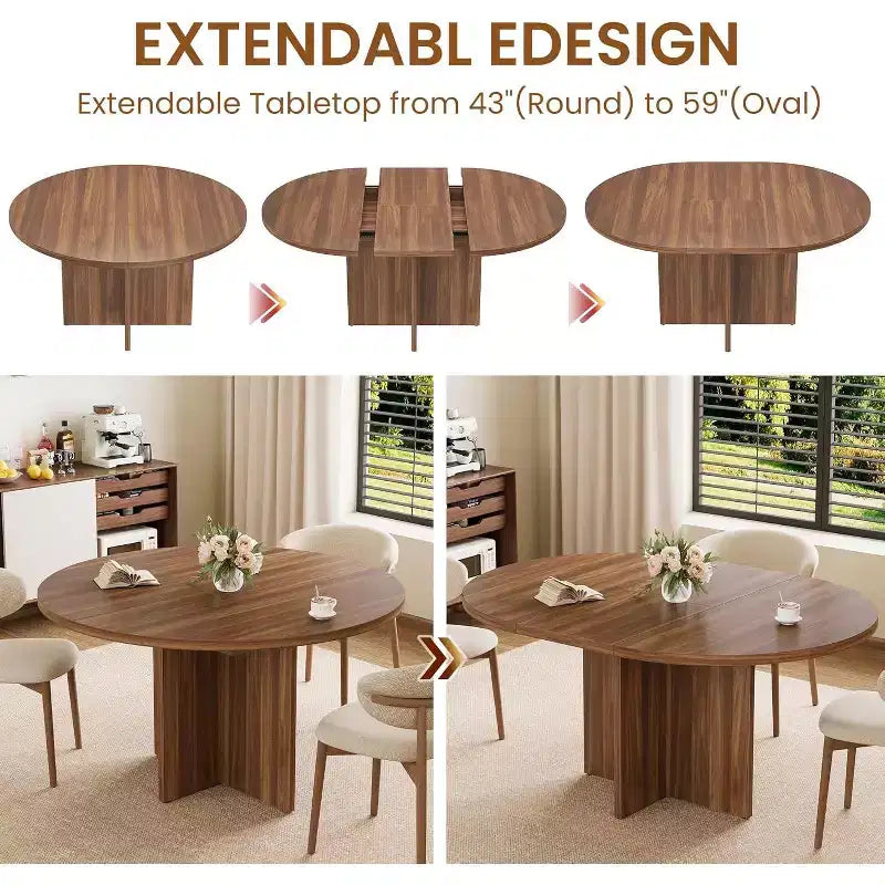 Table à manger ronde extensible COZONY, design ovale moderne avec rallonges amovibles pour 4 à 8 personnes, cuisine, salle à manger, salon
