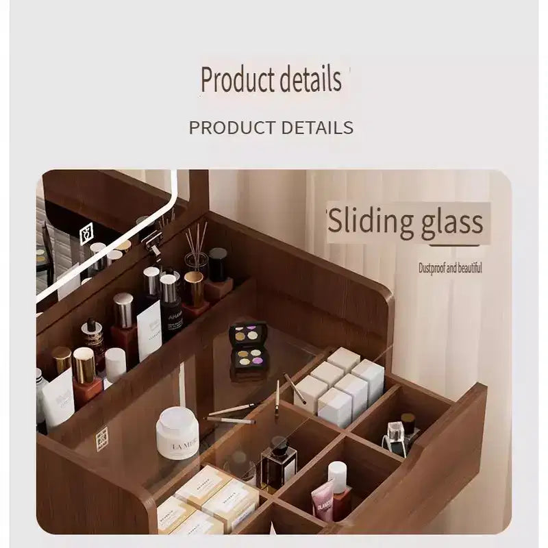 JVNOXK Coiffeuse 3-en-1 avec miroir escamotable, Petite coiffeuse avec plateau en verre visible, Coiffeuse compacte avec 3 tiroirs, Noyer
