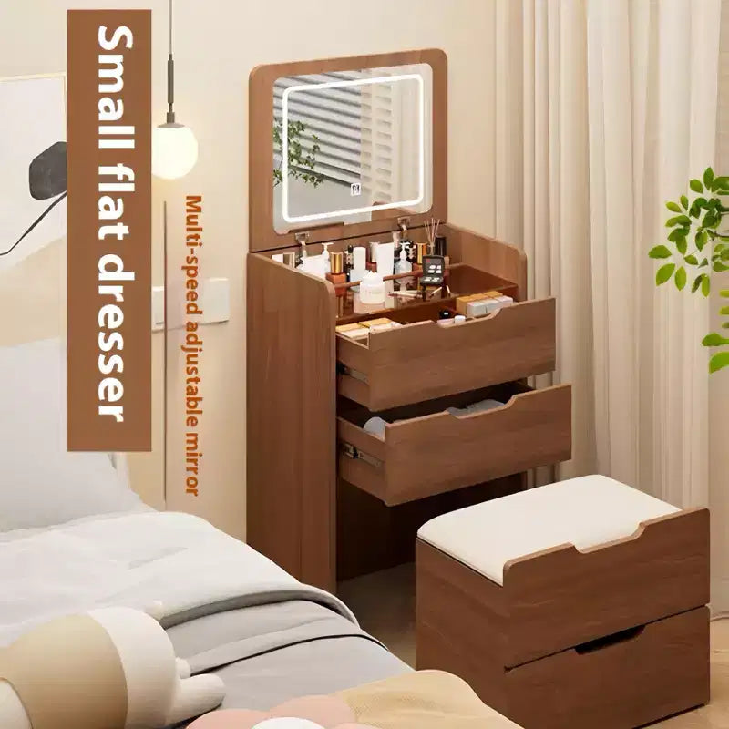 JVNOXK Coiffeuse 3-en-1 avec miroir escamotable, Petite coiffeuse avec plateau en verre visible, Coiffeuse compacte avec 3 tiroirs, Noyer