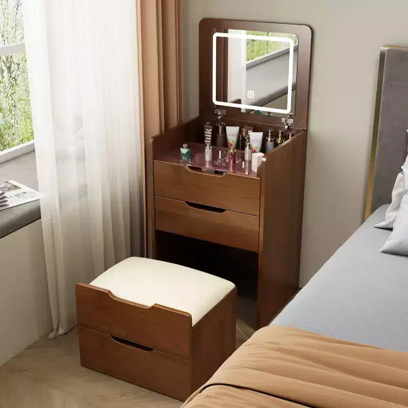 JVNOXK Coiffeuse 3-en-1 avec miroir escamotable, Petite coiffeuse avec plateau en verre visible, Coiffeuse compacte avec 3 tiroirs, Noyer
