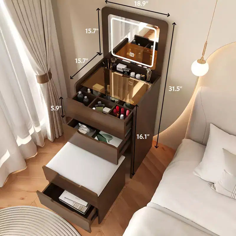 JVNOXK Coiffeuse 3-en-1 avec miroir escamotable, Petite coiffeuse avec plateau en verre visible, Coiffeuse compacte avec 3 tiroirs, Noyer