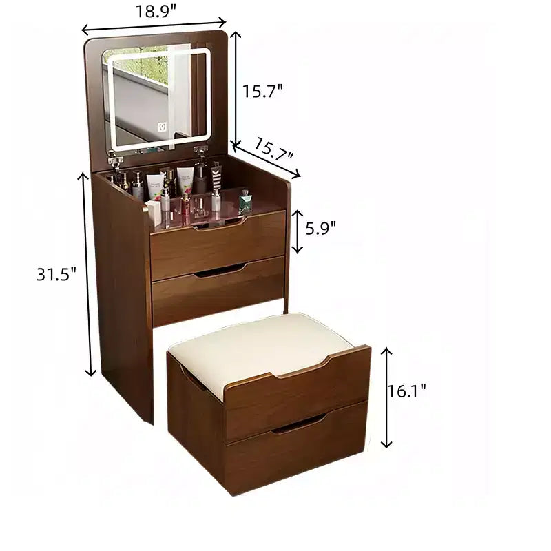 JVNOXK Coiffeuse 3-en-1 avec miroir escamotable, Petite coiffeuse avec plateau en verre visible, Coiffeuse compacte avec 3 tiroirs, Noyer