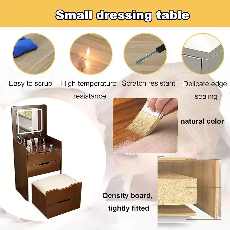 JVNOXK Coiffeuse 3-en-1 avec miroir escamotable, Petite coiffeuse avec plateau en verre visible, Coiffeuse compacte avec 3 tiroirs, Noyer