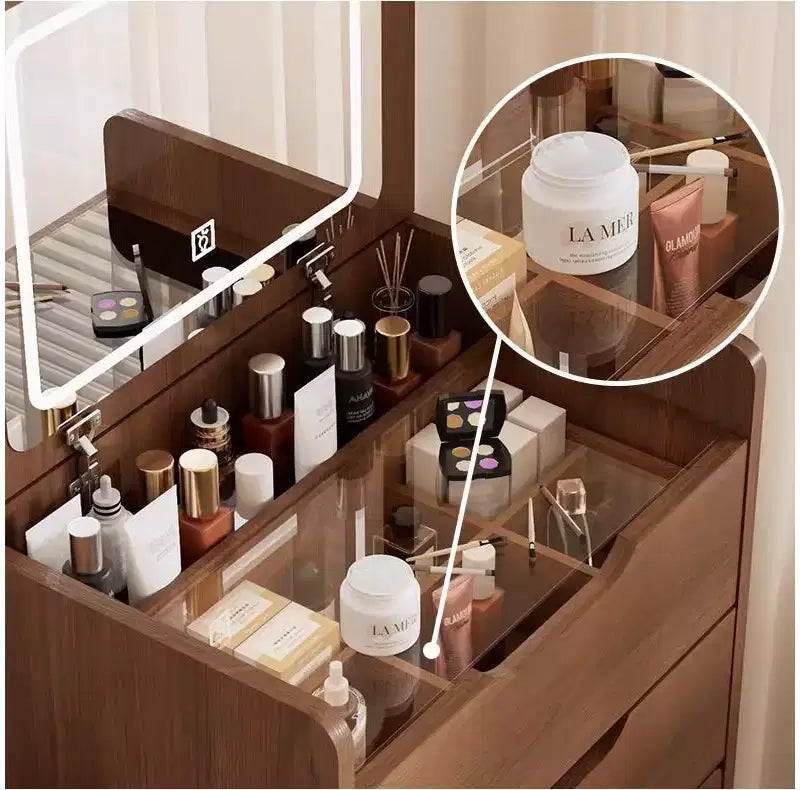 JVNOXK Coiffeuse 3-en-1 avec miroir escamotable, Petite coiffeuse avec plateau en verre visible, Coiffeuse compacte avec 3 tiroirs, Noyer