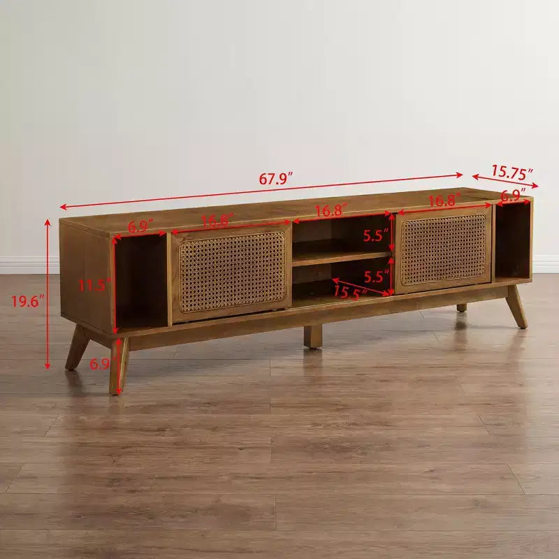 JVNOXK Meuble TV moderne du milieu du siècle de 172,5 cm, peut accueillir des téléviseurs jusqu'à 75 pouces, pieds en bois massif avec panneaux de porte en rotin tressé, noyer clair