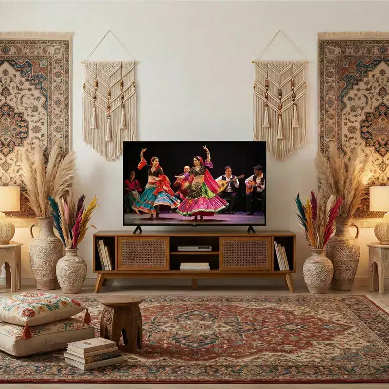 JVNOXK Meuble TV moderne du milieu du siècle de 172,5 cm, peut accueillir des téléviseurs jusqu'à 75 pouces, pieds en bois massif avec panneaux de porte en rotin tressé, noyer clair
