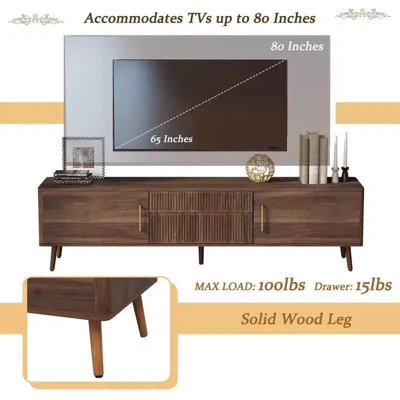 Meuble TV Mid-century JVNOXK avec 2 tiroirs, console média pour téléviseurs jusqu'à 80'', centre de divertissement avec rangement