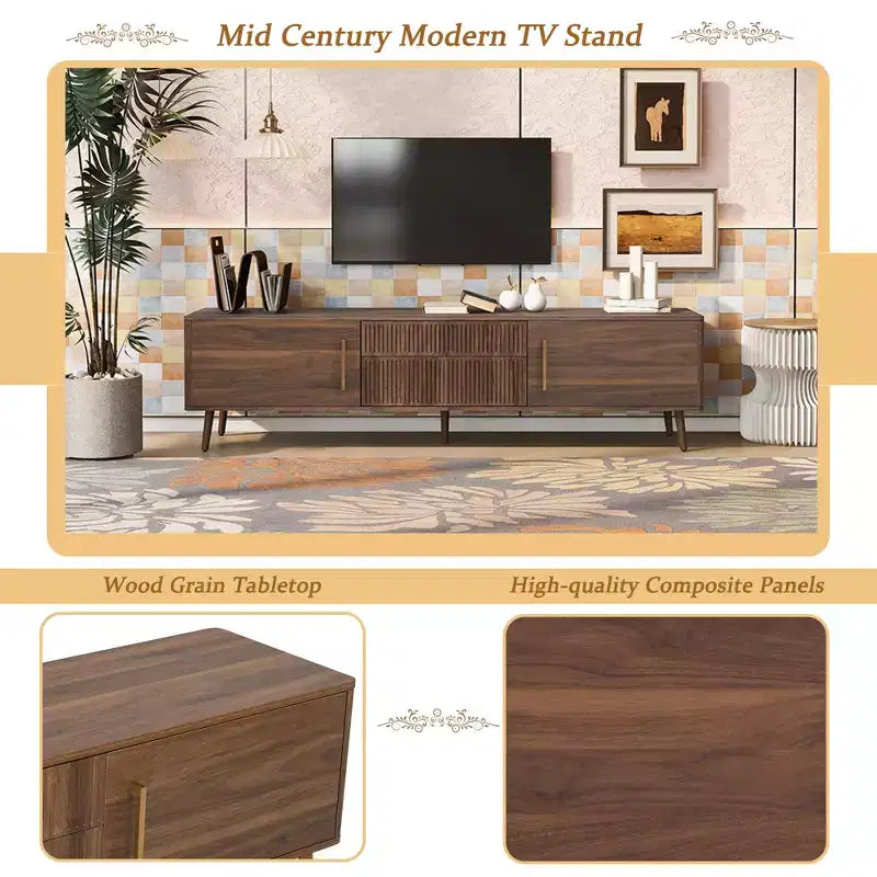 Meuble TV Mid-century JVNOXK avec 2 tiroirs, console média pour téléviseurs jusqu'à 80'', centre de divertissement avec rangement