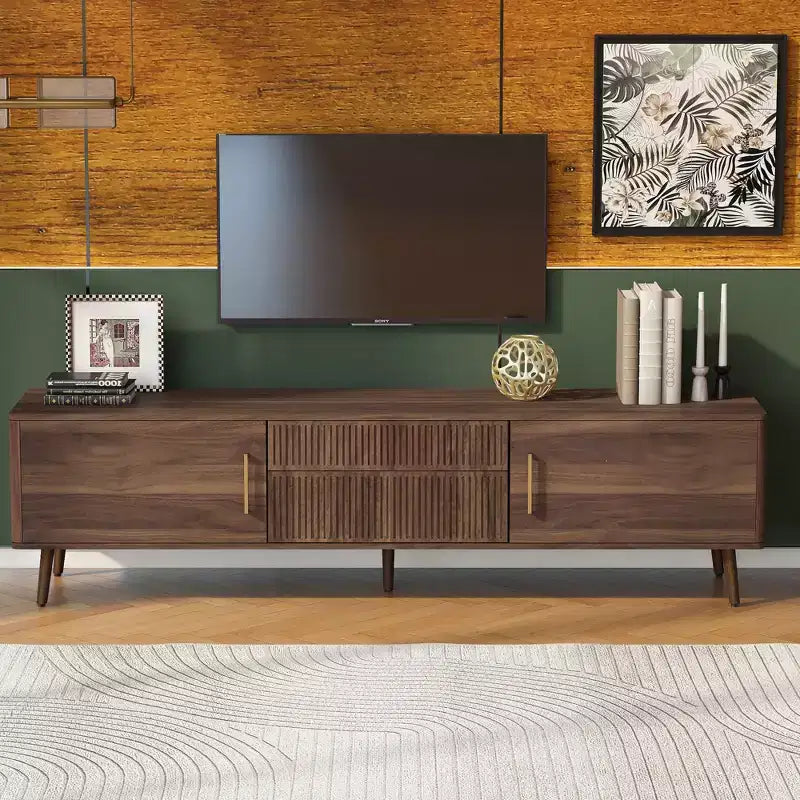 Meuble TV Mid-century JVNOXK avec 2 tiroirs, console média pour téléviseurs jusqu'à 80'', centre de divertissement avec rangement