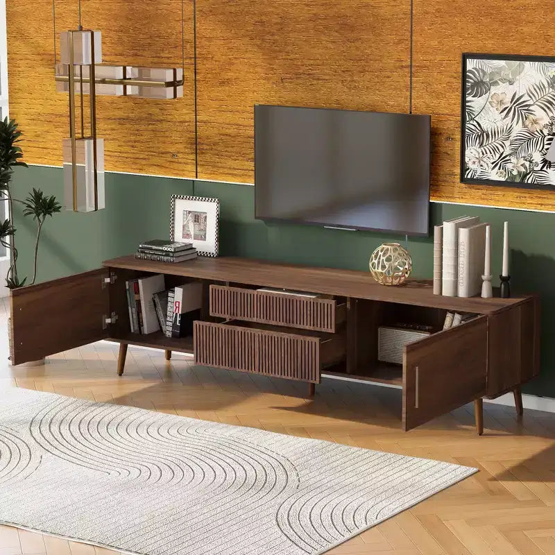 Meuble TV Mid-century JVNOXK avec 2 tiroirs, console média pour téléviseurs jusqu'à 80'', centre de divertissement avec rangement