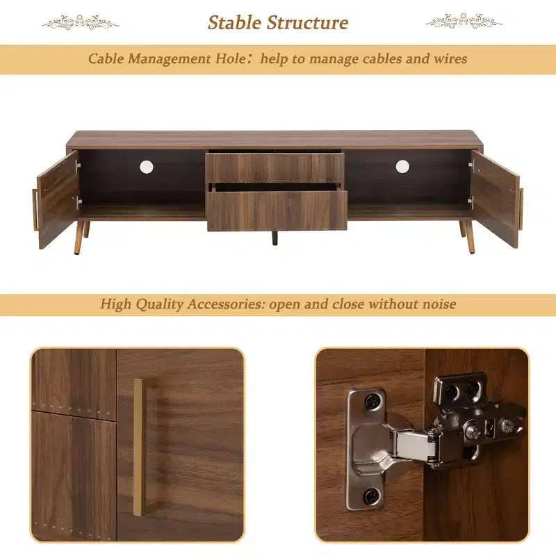 Meuble TV Mid-century JVNOXK avec 2 tiroirs, console média pour téléviseurs jusqu'à 80'', centre de divertissement avec rangement