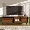 JVNOXK 70.8-inch Mid-Century Modern TV Console with storage space, sliding doors, adjustable shelves, and metal frame. Ideal for living rooms