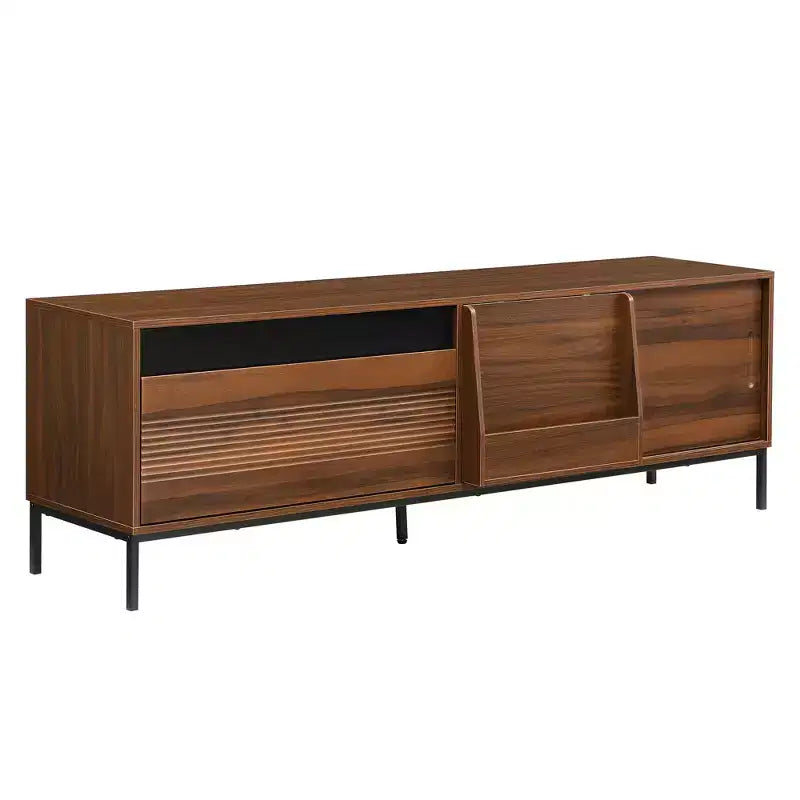 Meuble TV JVNOXK 70,8 pouces de style Mid-Century Modern avec espace de rangement, portes coulissantes, étagères réglables et cadre en métal. Idéal pour les salons