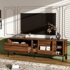 Meuble TV JVNOXK 70,8 pouces de style Mid-Century Modern avec espace de rangement, portes coulissantes, étagères réglables et cadre en métal. Idéal pour les salons