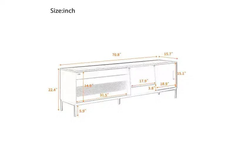 Meuble TV JVNOXK 70,8 pouces de style Mid-Century Modern avec espace de rangement, portes coulissantes, étagères réglables et cadre en métal. Idéal pour les salons