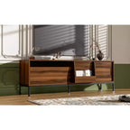 Meuble TV JVNOXK 70,8 pouces de style Mid-Century Modern avec espace de rangement, portes coulissantes, étagères réglables et cadre en métal. Idéal pour les salons
