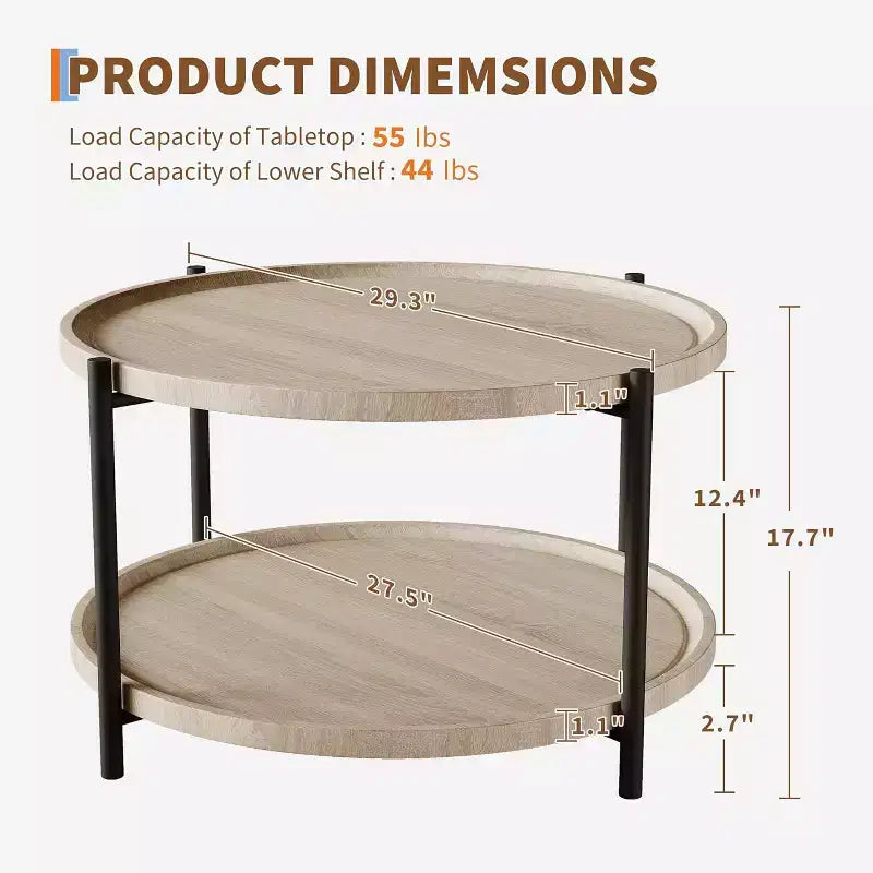 Table basse ronde avec rangement, bois naturel, 36 pouces, avec 2 étagères ouvertes, table de salon de style ferme moderne
