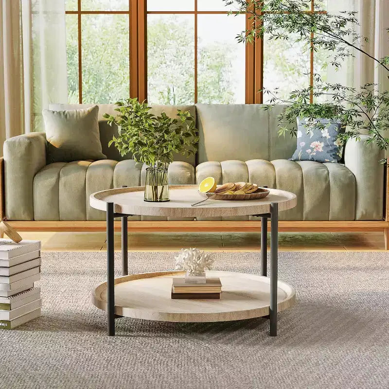 Table basse ronde avec rangement, bois naturel, 36 pouces, avec 2 étagères ouvertes, table de salon de style ferme moderne