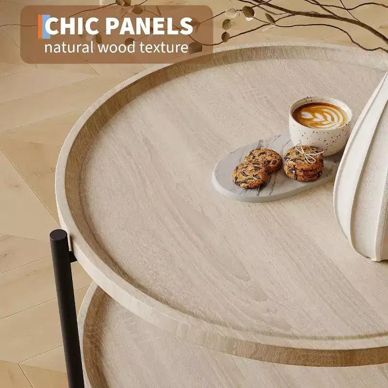 Table basse ronde avec rangement, bois naturel, 36 pouces, avec 2 étagères ouvertes, table de salon de style ferme moderne