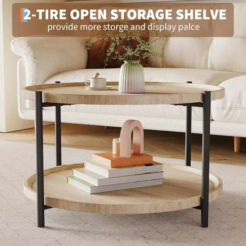 Table basse ronde avec rangement, bois naturel, 36 pouces, avec 2 étagères ouvertes, table de salon de style ferme moderne