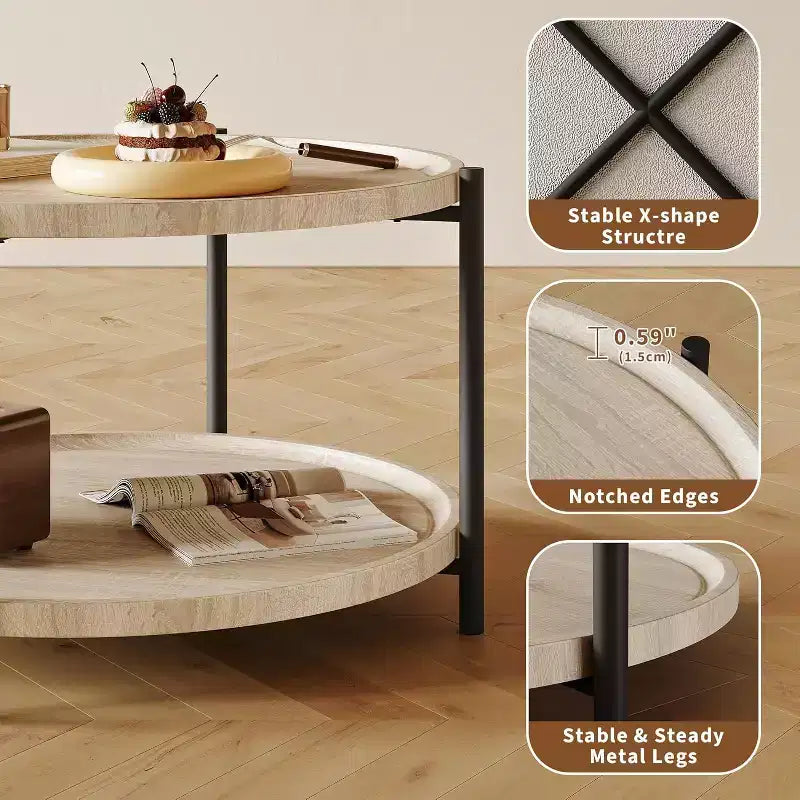 Table basse ronde avec rangement, bois naturel, 36 pouces, avec 2 étagères ouvertes, table de salon de style ferme moderne