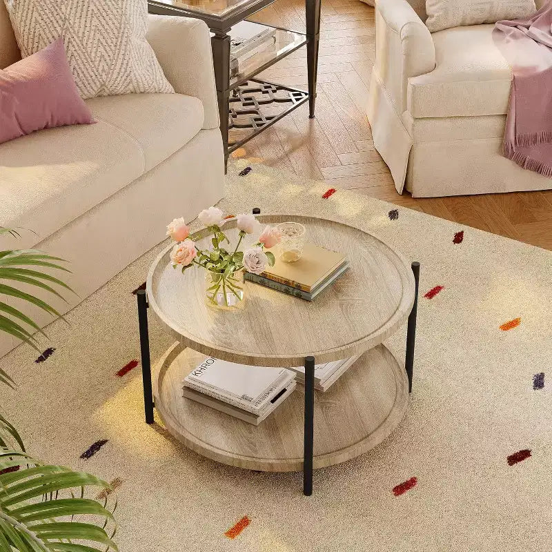 Table basse ronde avec rangement, bois naturel, 36 pouces, avec 2 étagères ouvertes, table de salon de style ferme moderne
