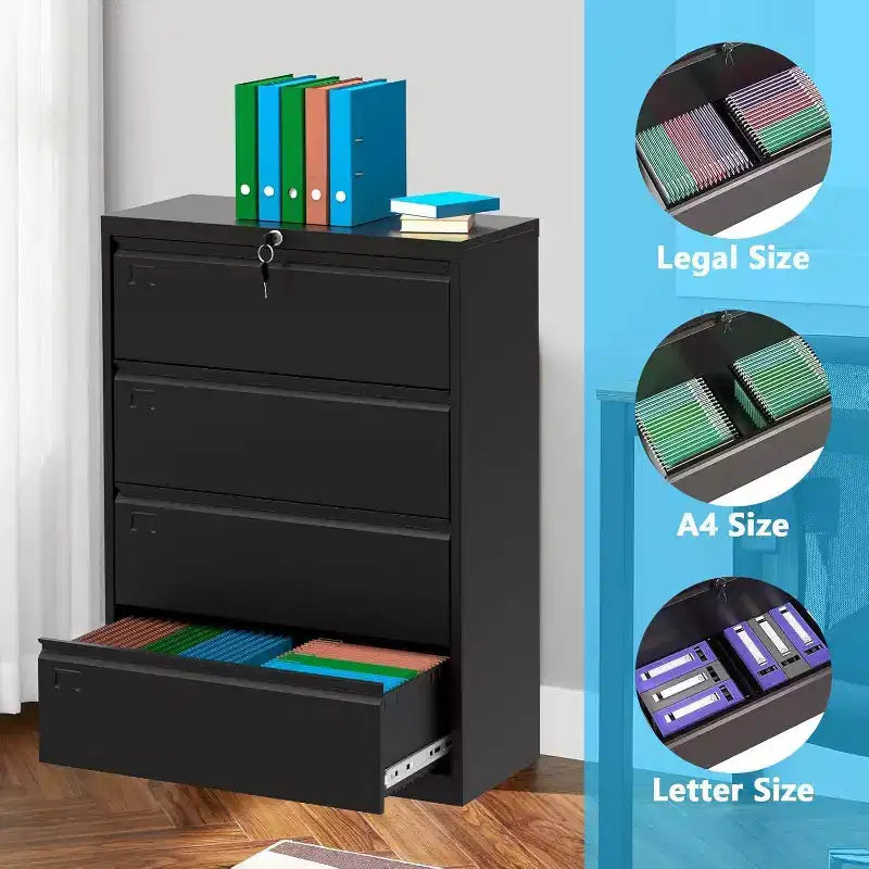 Classeur latéral 4 tiroirs avec serrure, classeur large en acier robuste pour documents légaux/lettres/A4, organisateur de rangement de bureau sécurisé, montage facile