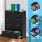 Classeur latéral 4 tiroirs avec serrure, classeur large en acier robuste pour documents légaux/lettres/A4, organisateur de rangement de bureau sécurisé, montage facile