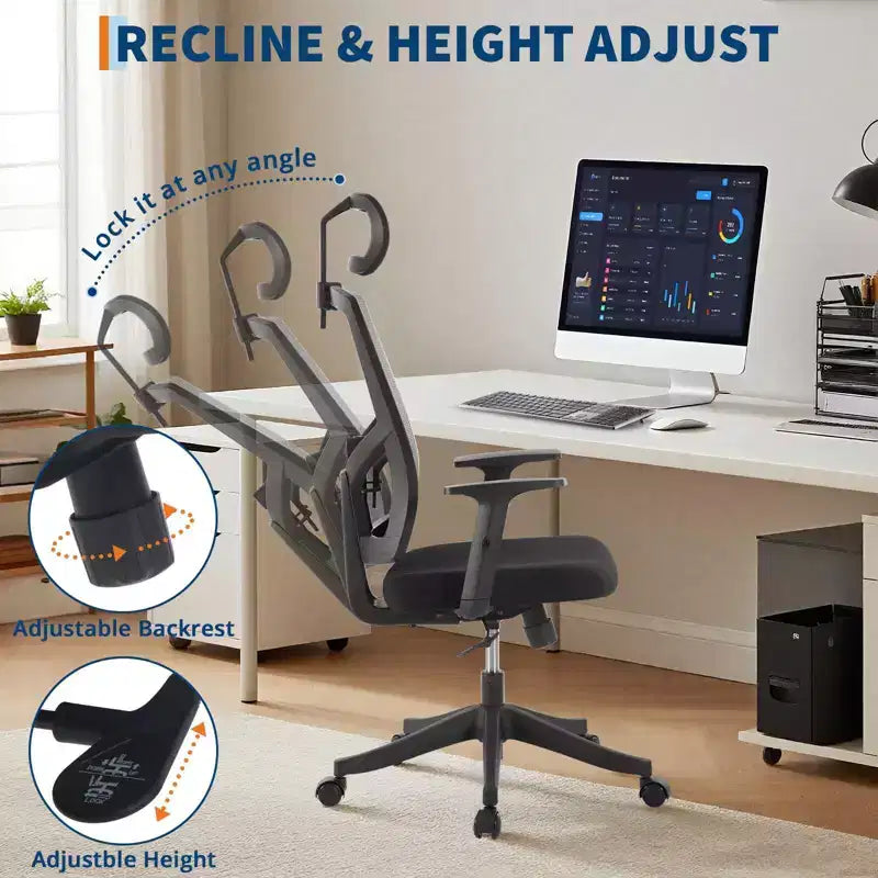 Chaise de bureau ergonomique Acekool à cadre noir et dossier en maille grise avec conception réglable et soutien respirant pour la maison ou le bureau