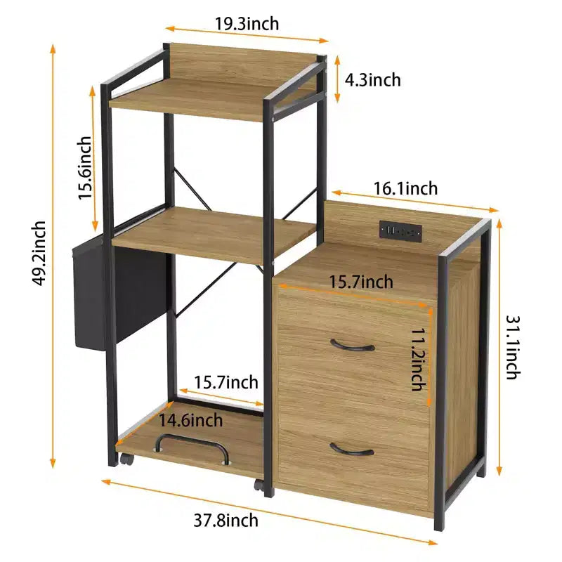 Meuble d'imprimante Acekool rustique en bois noir avec cadre en fer, armoire de rangement avec tiroirs et étagères ouvertes pour l'organisation du bureau à domicile